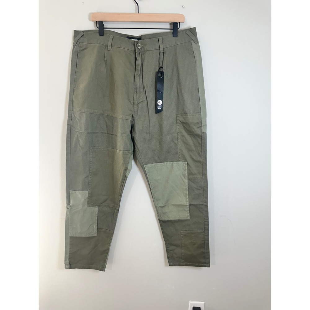 10.Deep Mens Patchwork Herringbone Tapered Cargo Pants Olive Green Size 38 NWT